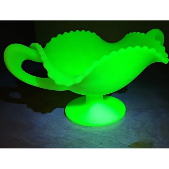 Fenton Uranium Lime Green Satin Footed Candy Dish With Handles Geiger Checked - Picture 11 of 15
